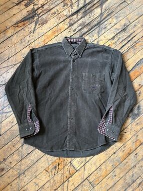 Vintage Men's Gray Corduroy Button-Down Shirt with Plaid Trim made in Canada 🇨🇦